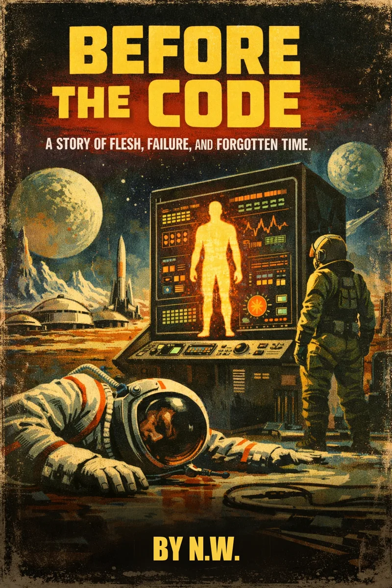 Pulp-style cover for the story Before the Code: a fallen astronaut beside a console showing a glowing model of a human body, a rocket and a domed habitat under two moons