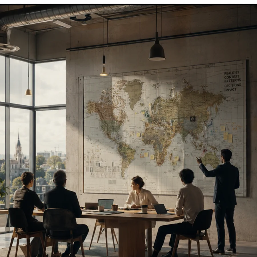 A map room — people gathered around a shared picture of reality, deciding together