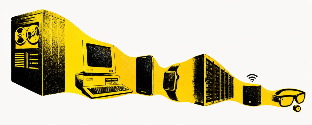 The arc of computing: from mainframe, through PC, phone and watch, to server racks, edge devices and AI glasses
