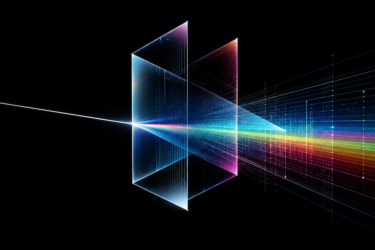 A beam of white light entering a glass prism and refracting into a spectrum