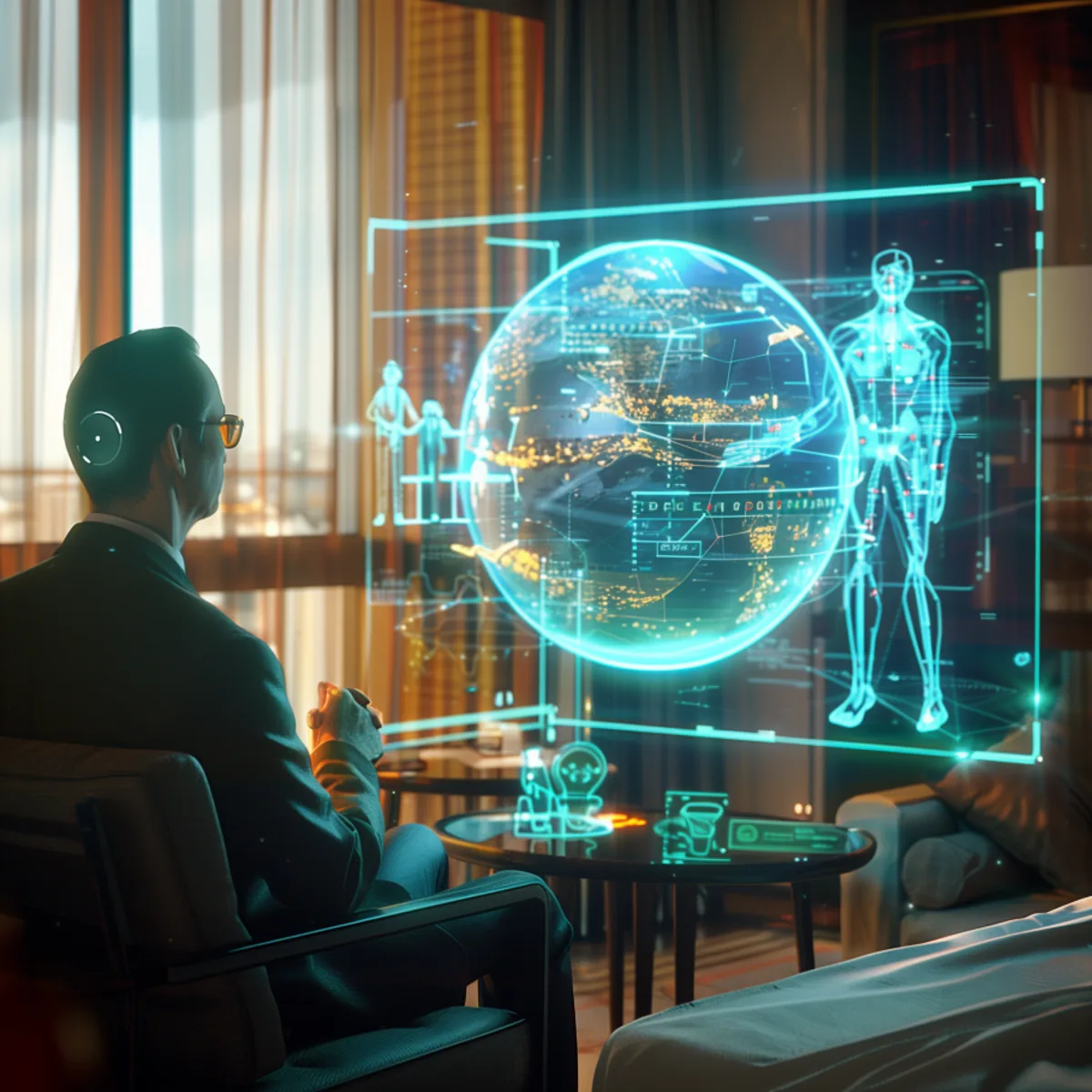 A person reviewing a twin of the world and of a human body side by side on one display